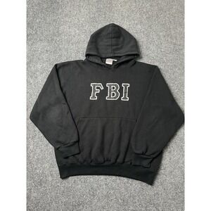 Mens Hoodie FBI Graphic Black Pullover Fleece, Size L
